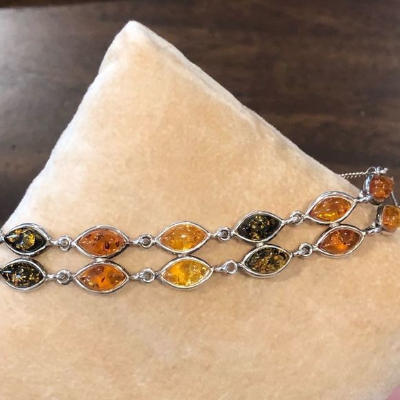 ARTISAN Double Strand Sterling Silver TriColor Amber Bracelet - Picture 4 of 10